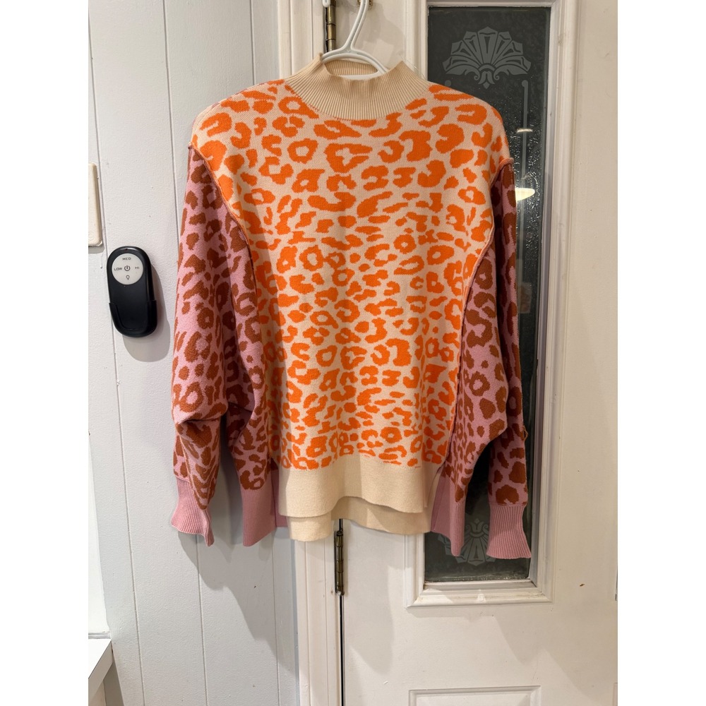 See and Be Seen Leopard Print Mock Neck Sweater Orange Pink Animal Knit S SW6810